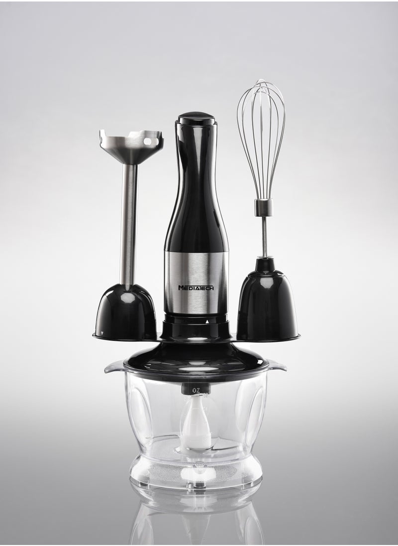 5 In 1 Hand Blender | 1.0L Chopper Bowl and 500mL Measuring Cup | 700W | Whisker & Batter Mixer Attachments | Stainless Steel Blades and Rods | BPA-Free Chopper Bowl | 8 Pieces | Safety Button | MT-HB14