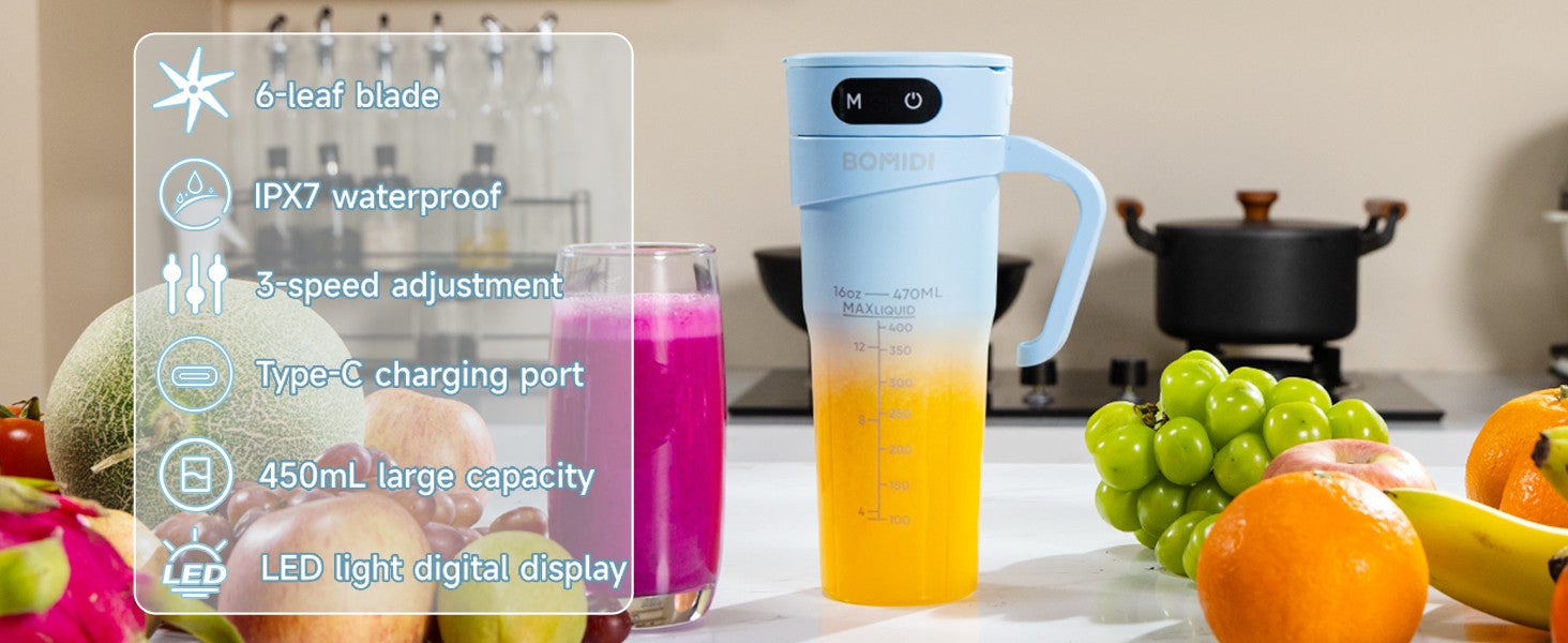 Portable Blender | Smoothie Maker | Protein Blender with 6-Leaf Stainless Steel | Yoga & Gym Essential | Cordless Type-C Charging | IPX7 Waterproof | BPA-Free Juicer Blender for Home & Outdoor (16oz/450mL) | JB01-Blue