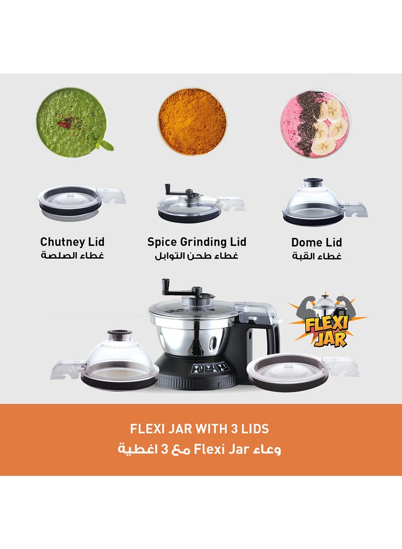 Powerful Monster Series Mixer Grinder With Stainless Steel Blender Jar, Mill Jar, Flexi Jar With 3 Lids [ Dome Lid, Chutney Lid With Pusher Attachment And Spice Grinding Lid], Strong Samurai Edge Blade Made From Monolith Steel 1 L 2000 W MX-AE365KTZ Black