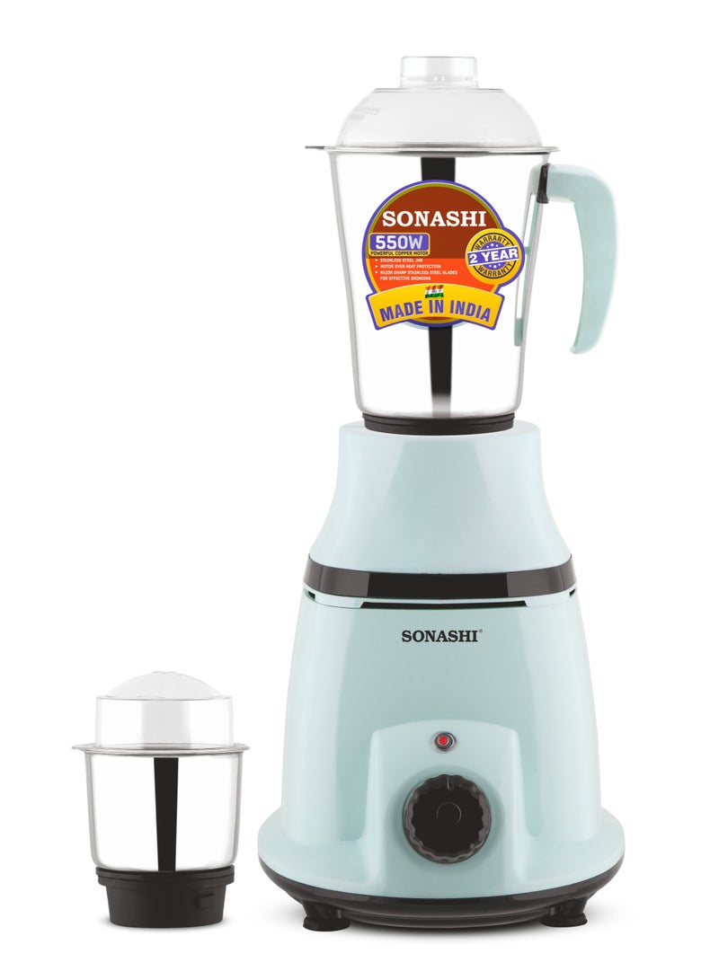 2-in-1 Mixer Grinder with Powerful Copper Motor - 3 Speed Control with Overheat Protection | 2 Stainless Steel Jars for Wet/Dry Grinding Liquidizing with Durable Lids 1.75 L 550 W SB-196 Green