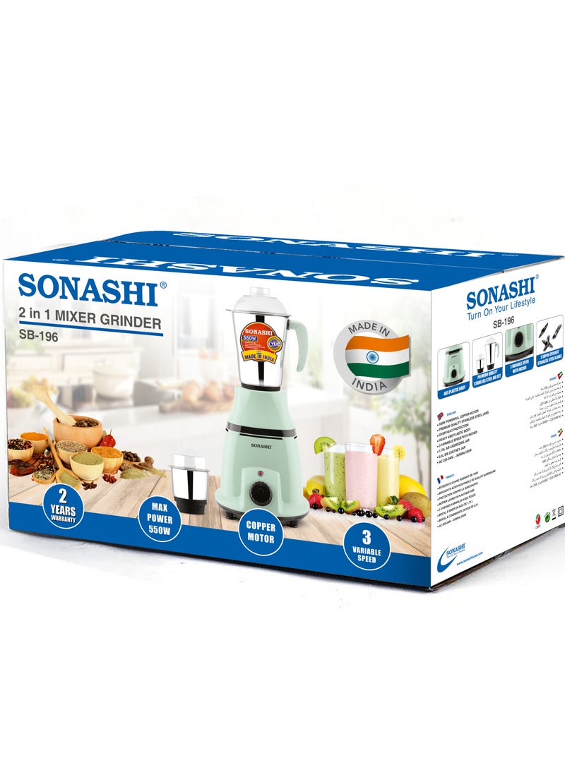 2-in-1 Mixer Grinder with Powerful Copper Motor - 3 Speed Control with Overheat Protection | 2 Stainless Steel Jars for Wet/Dry Grinding Liquidizing with Durable Lids 1.75 L 550 W SB-196 Green