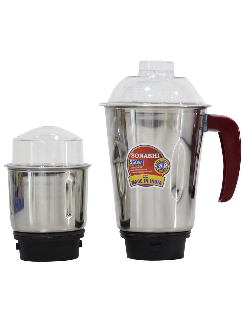 2-in-1 Mixer Grinder with Powerful Copper Motor - 3 Speed Control with Overheat Protection | 2 Stainless Steel Jars for Wet/Dry Grinding Liquidizing with Durable Lids 1.75 L 550 W SB-196 Maroon