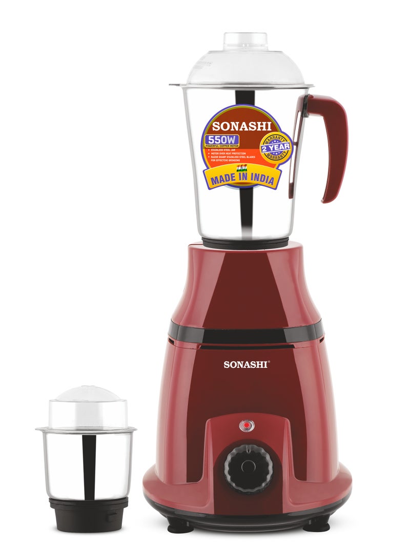 2-in-1 Mixer Grinder with Powerful Copper Motor - 3 Speed Control with Overheat Protection | 2 Stainless Steel Jars for Wet/Dry Grinding Liquidizing with Durable Lids 1.75 L 550 W SB-196 Maroon