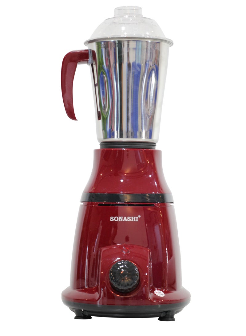 2-in-1 Mixer Grinder with Powerful Copper Motor - 3 Speed Control with Overheat Protection | 2 Stainless Steel Jars for Wet/Dry Grinding Liquidizing with Durable Lids 1.75 L 550 W SB-196 Maroon