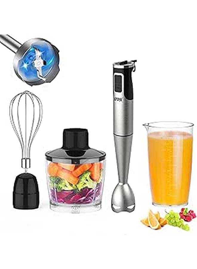 Winning Star 4-in-1 Immersion Hand Blender Set | 1000W | Stainless Steel Blending Stick | 600ml Cup, 800ml Chopper, 304 Stainless Steel Whisk | 8-Speed Control, Copper Motor | BS Plug | Silver