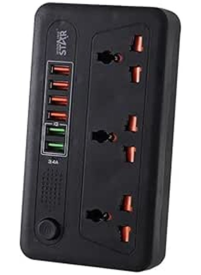 Winning Star ST-4010 Power Strip | 3 Sockets with Safety Door | Overload Protection | 6 USB Ports (5V/2.4A) | 2m Pure Copper Wire | PP Flame Retardant Shell | AC220-250V | 10A/2500W | Black.