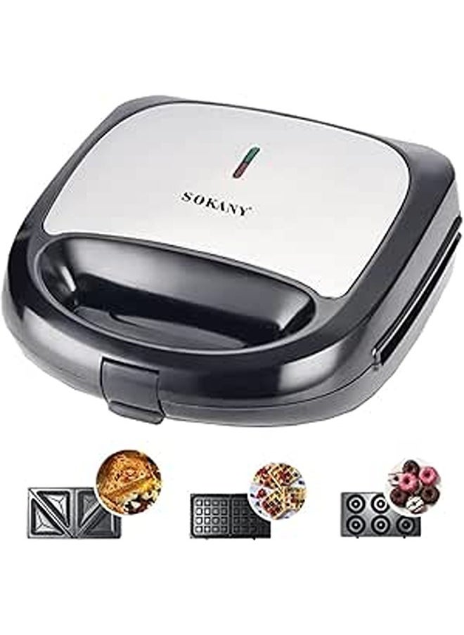 SOKANY 750W Sandwich Maker, Waffle Maker Set with 3 Removable Non-Stick Plates, Portable Handle, LED Indicator Lights, for Breakfast Sandwiches Mini Waffles, Donut, Black