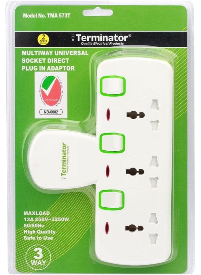 Terminator 3 Way Universal T-Socket Multi Adaptor With Individual Switches & Indicators 13A Plug and Safety Shutter ( TMA 573T)