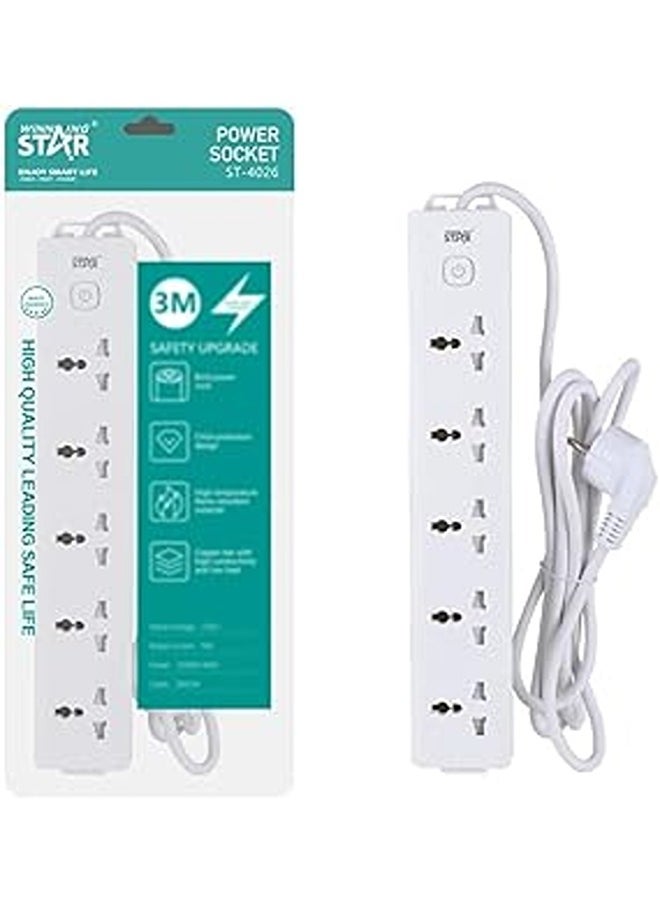 Winning Star ST-4026 2500W 5-Way Power Extension Socket | 110-250V | 3m Copper Charging Wire | Flame Retardant | BS Plug | Safety Switch | Security Door | Multi Electrical Outlet | White.