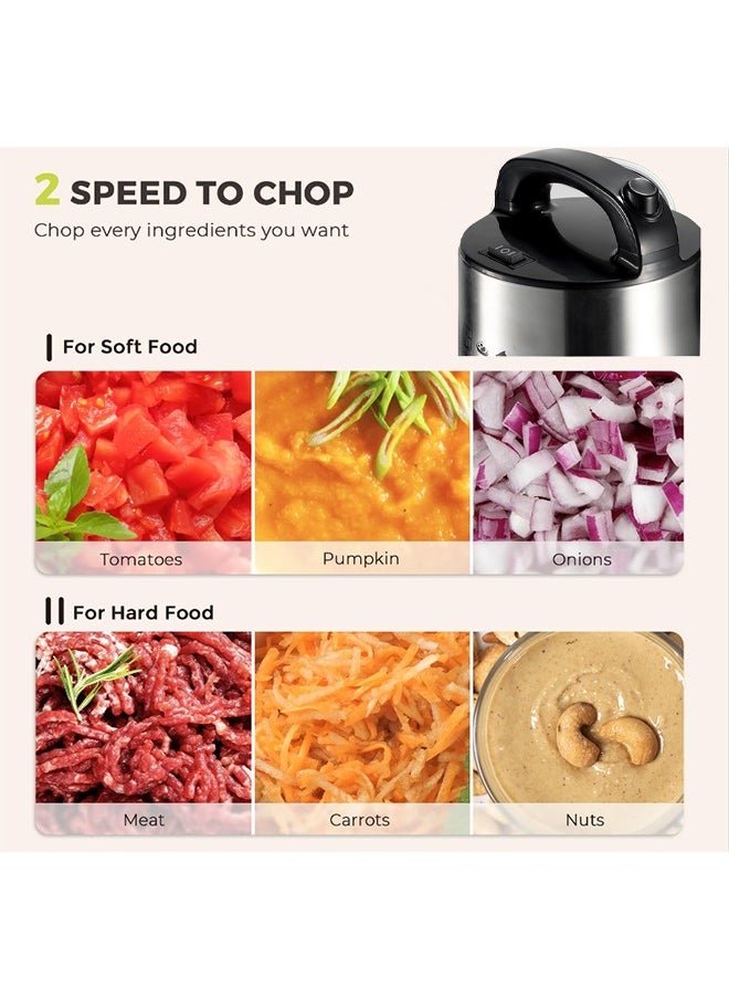 Food Chopper,1600W Electric Food Processor with 4-Blades, Stainless Steel Bowl，Small Grinder Meat Processor for Nuts, Meat, Onion, Garlic, Baby Food, Silver/Black