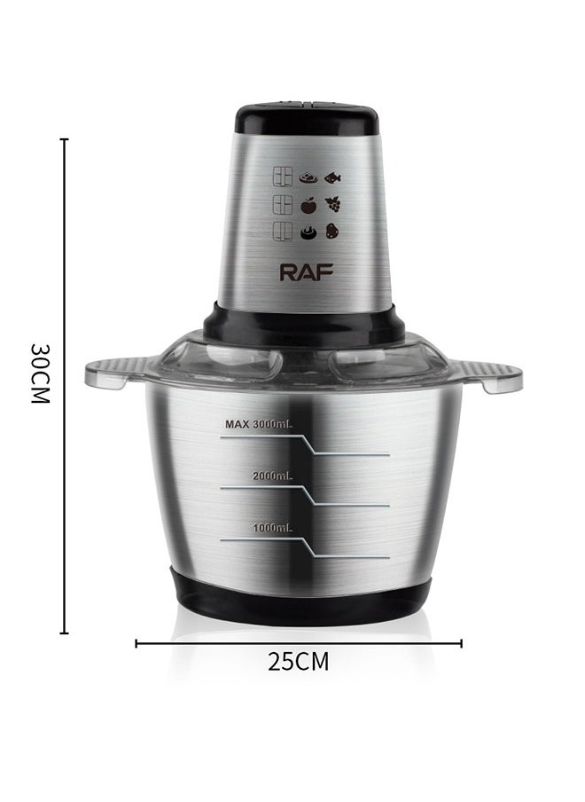 3L Electric Chopper,Food Processor,2 Speeds Electric Meat Grinder with 4-Blades,Stainless Steel Bowl,1000W,R.7031,Silver/Black