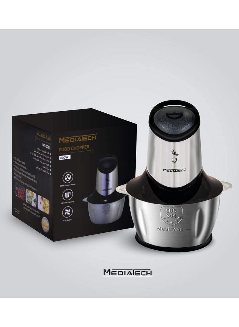 Food Chopper | 2.0L Stainless Steel Bowl | 600W | 4 Stainless Steel Blades | 100% Copper Motor | MT-C201