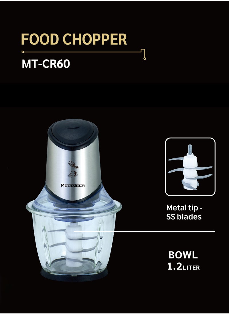Food Chopper | 1.2L Stainless Steel Bowl | 500W | 6 Stainless Steel Blades | 100% Copper Motor | MT-CR60