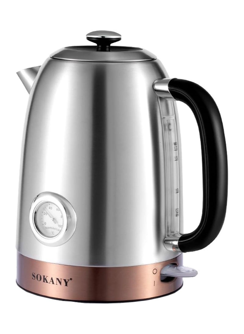 SOKANY SK-1031 2000W Electric Kettle Hot Water Kettle, 1.7L Hot Water Boiler, Clock Precision Thermometer, Auto Shut Off & Boil Dry Protection, Water Level Window, Stainless Steel Body