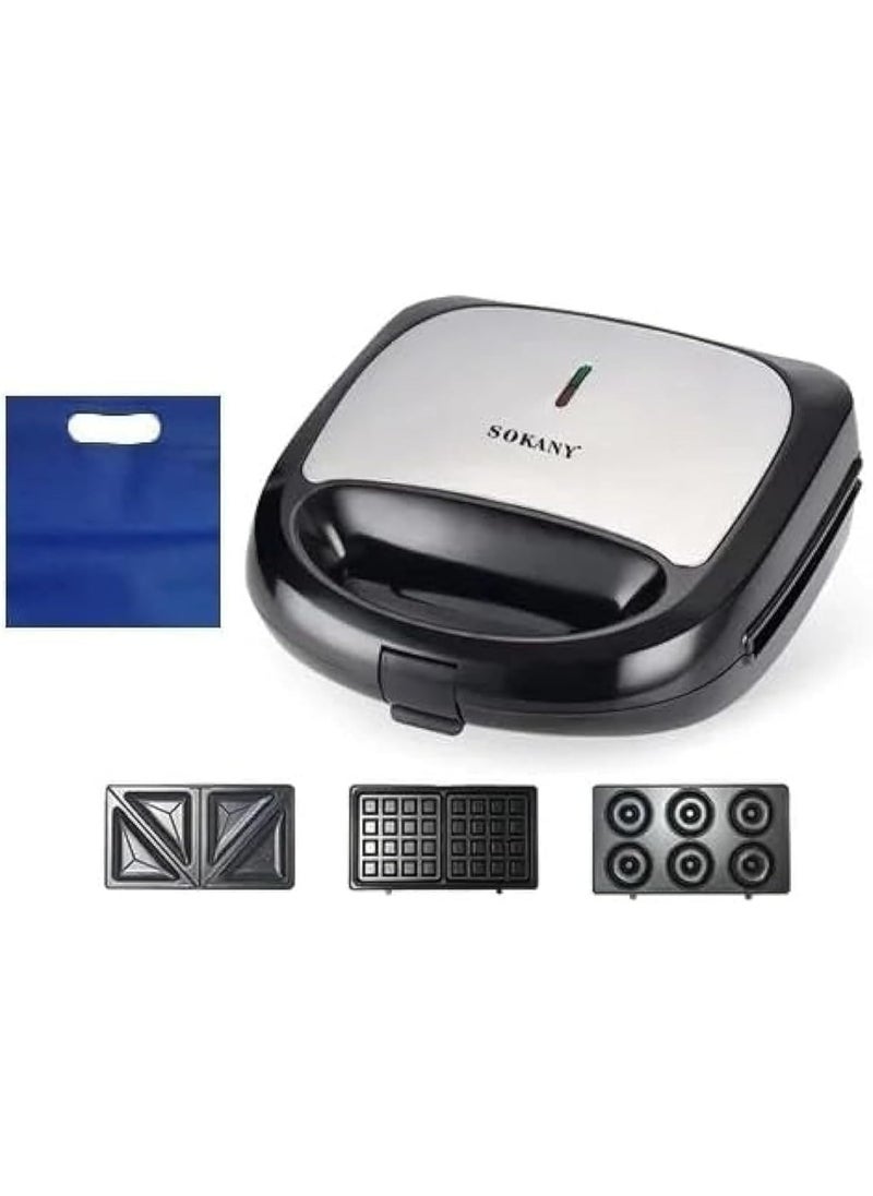 Sokany | SK-902 | 3-in-1 Sandwich Maker & Waffle Maker - 750W Non-Stick Plate, Cool Touch Body, Black/Silver