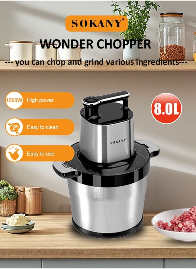 3-Speeds 8L Electric Meat Grinder,1500W Electric Chopper,Stainless Steel Multifunctional Vegetable Slicer Processor Chopper for Family & Baby Use,SK-7088,Silver/Black