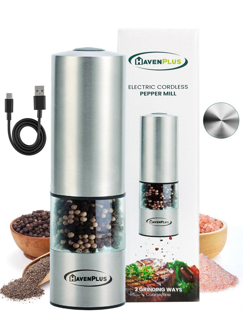 HavenPlus Electric Cordless Pepper Mill – Stainless Steel with LED Light, Adjustable Coarseness, Up to 180 Uses Without Recharge, Ideal for Kitchen, BBQ, and Everyday Cooking.