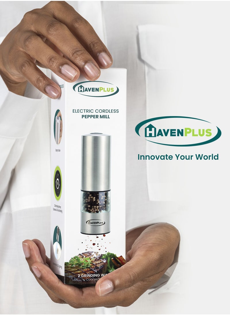 HavenPlus Electric Cordless Pepper Mill – Stainless Steel with LED Light, Adjustable Coarseness, Up to 180 Uses Without Recharge, Ideal for Kitchen, BBQ, and Everyday Cooking.