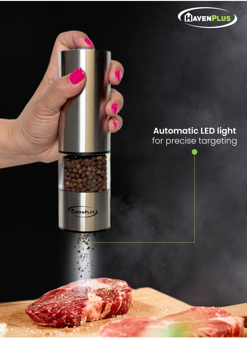 HavenPlus Electric Cordless Pepper Mill – Stainless Steel with LED Light, Adjustable Coarseness, Up to 180 Uses Without Recharge, Ideal for Kitchen, BBQ, and Everyday Cooking.