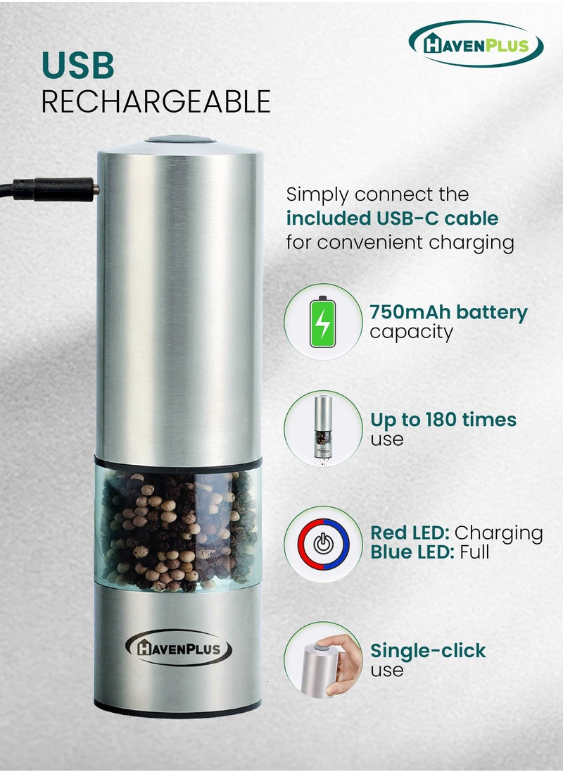 HavenPlus Electric Cordless Pepper Mill – Stainless Steel with LED Light, Adjustable Coarseness, Up to 180 Uses Without Recharge, Ideal for Kitchen, BBQ, and Everyday Cooking.