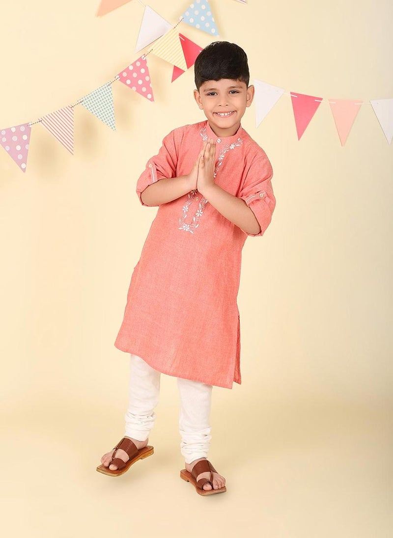 Pink Cotton Chikankari Long Kurta