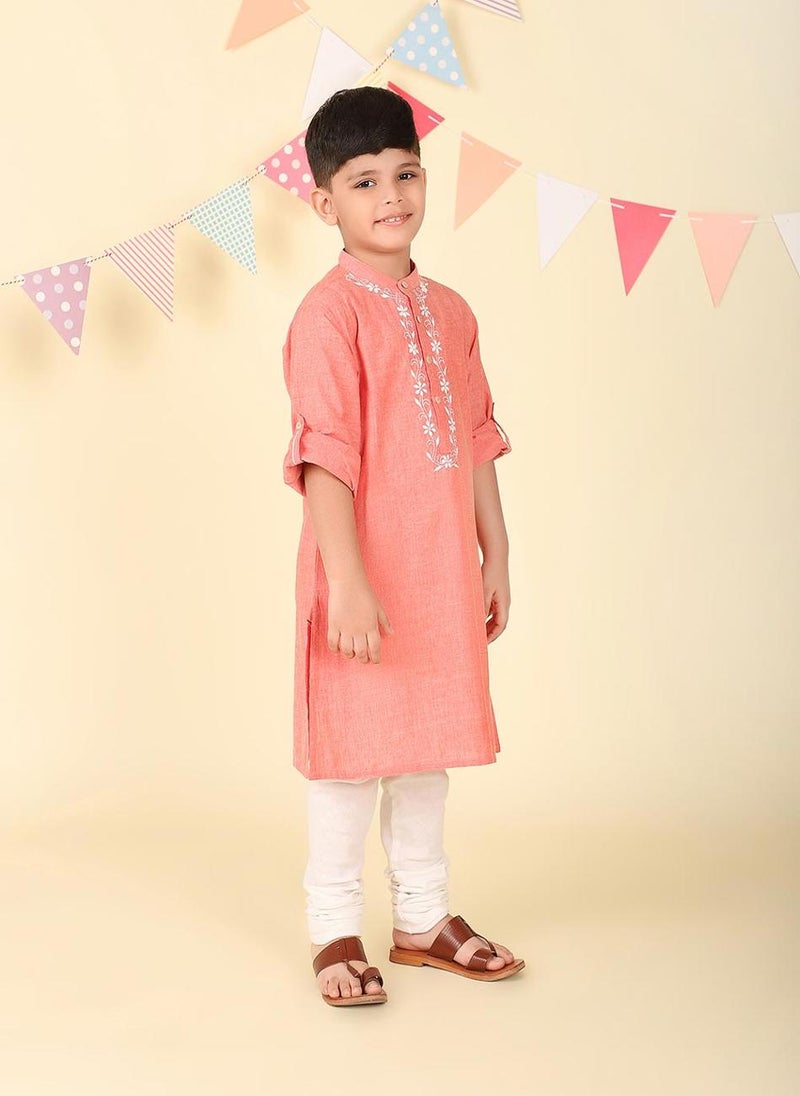 Pink Cotton Chikankari Long Kurta