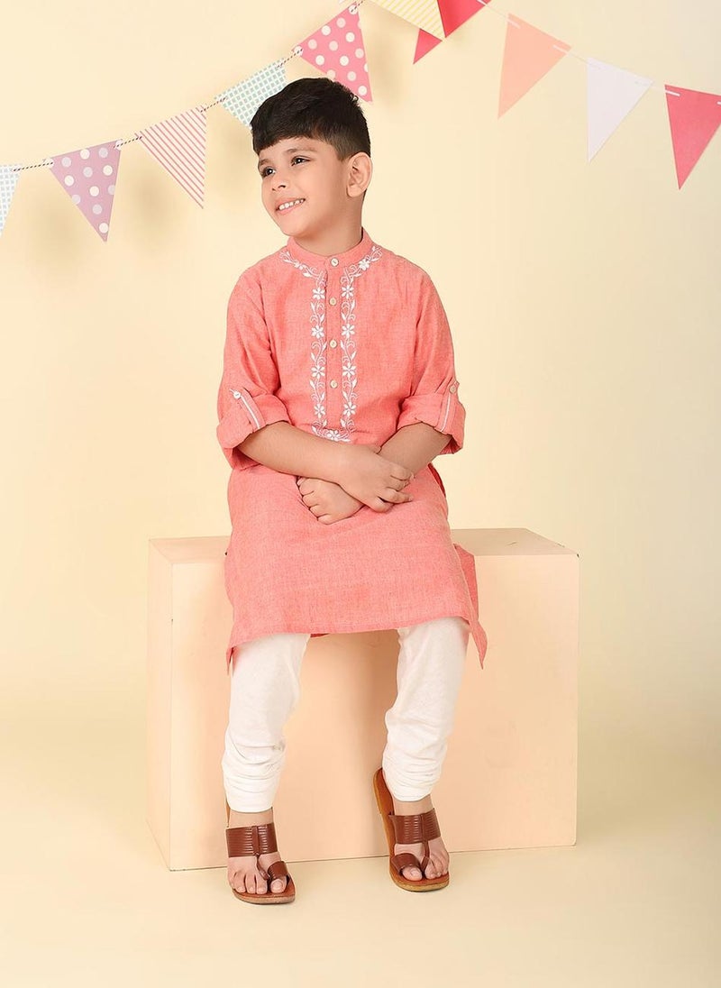 Pink Cotton Chikankari Long Kurta