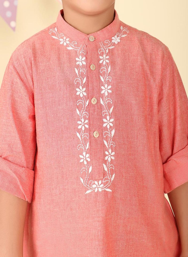 Pink Cotton Chikankari Long Kurta