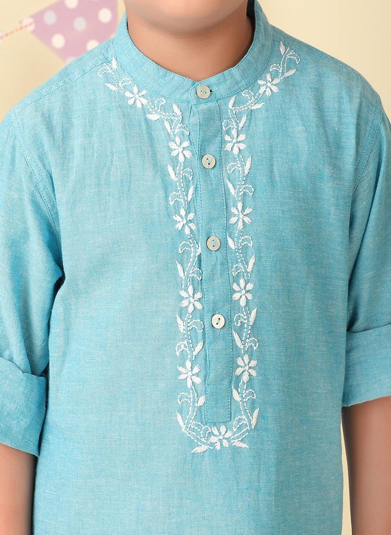 Blue Cotton Chikankari Long Kurta