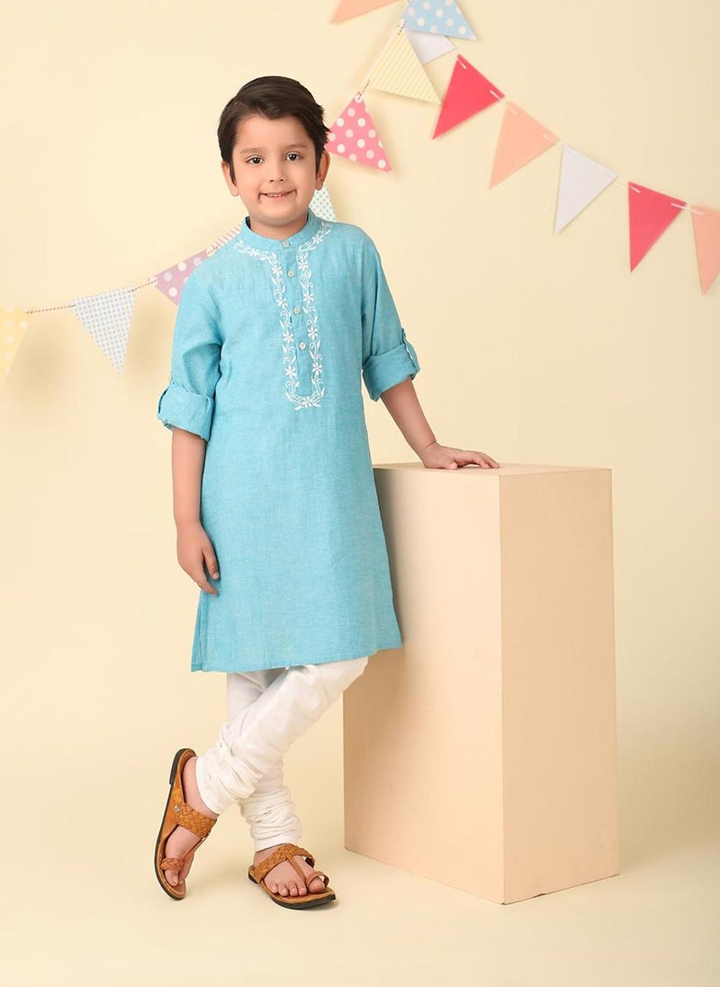 Blue Cotton Chikankari Long Kurta