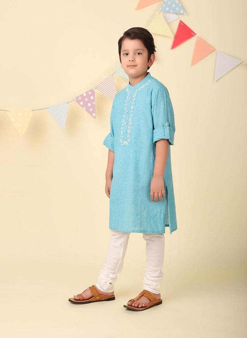 Blue Cotton Chikankari Long Kurta