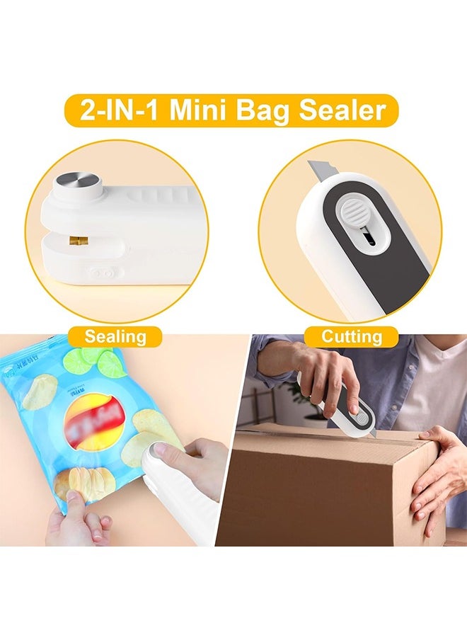 2 in 1 Mini Bag Sealer, Bag Sealer Heat Seal with Cutter, USB C Rechargeable Chip Bag Sealer Heat Seal, Portable Bag Resealer for Plastic Bags Snacks & Food Storage,Ivory White