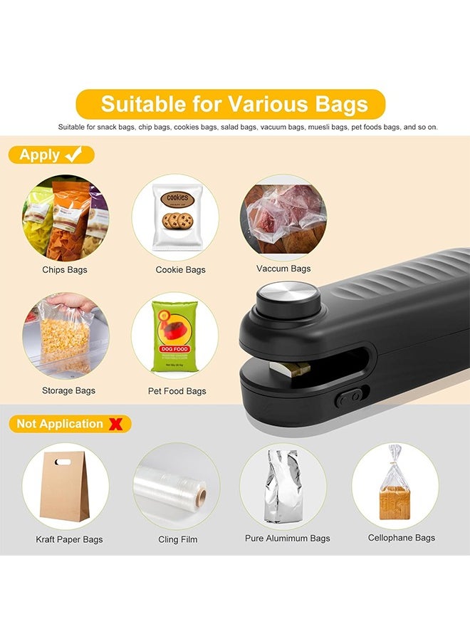 2 in 1 Mini Bag Sealer, Bag Sealer Heat Seal with Cutter, USB C Rechargeable Chip Bag Sealer Heat Seal, Portable Bag Resealer for Plastic Bags Snacks & Food Storage,Bright Black