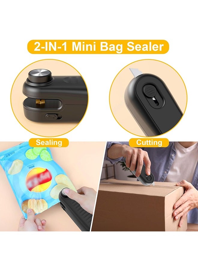 2 in 1 Mini Bag Sealer, Bag Sealer Heat Seal with Cutter, USB C Rechargeable Chip Bag Sealer Heat Seal, Portable Bag Resealer for Plastic Bags Snacks & Food Storage,Bright Black