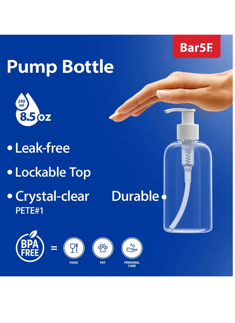 Bar5F Plastic Bottles with Pump Dispenser, 8 oz | Leak Proof, Empty, Clear Refillable, BPA Free for Body Wash, Moisturizer, Face Cream, Liquid Soap | Black & White Pumping Caps | Set of 2