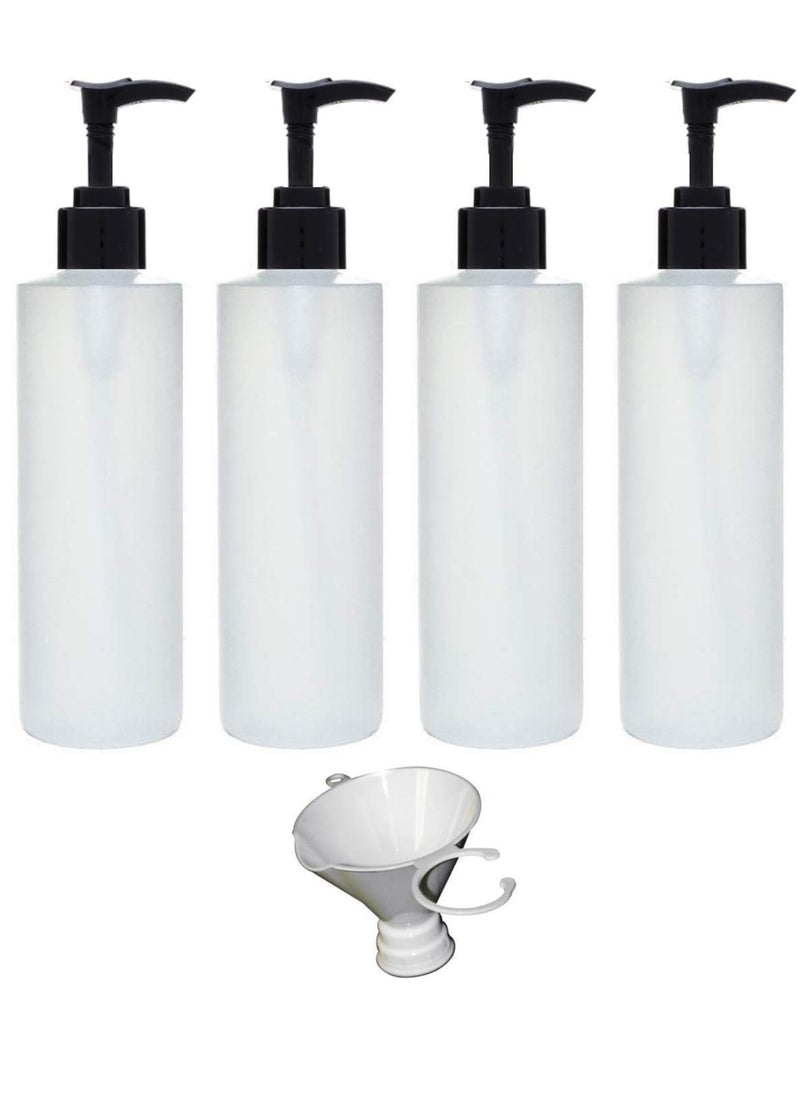 Earth's Essentials Four Pack Of Refillable 8 Oz. HDPE Plastic Pump Bottles With Patented Screw On Funnel-Great For Dispensing Lotions, Shampoos and Massage Oils.