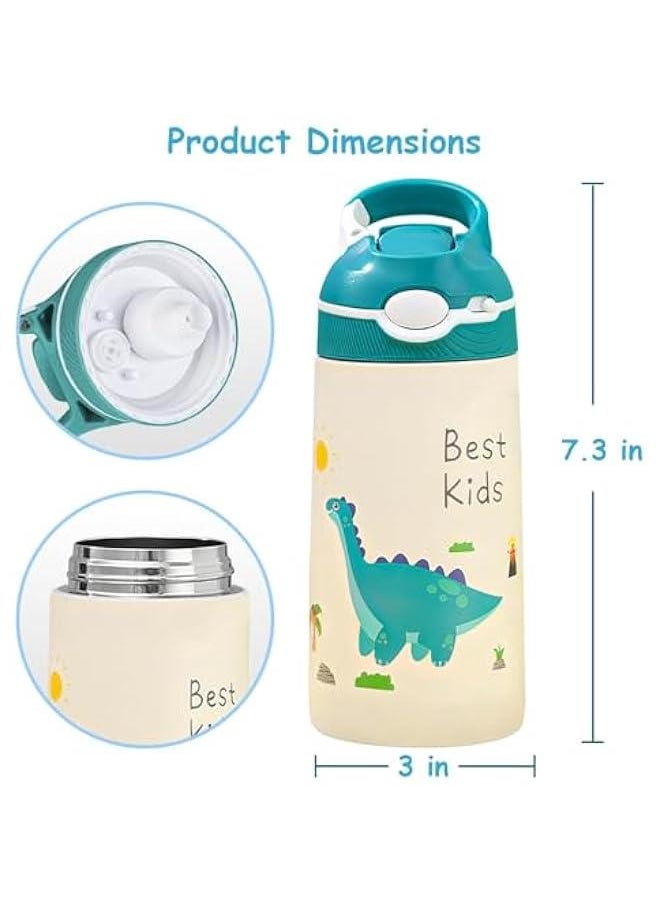 Kids Water Bottle with Straw Lid - Insulated Stainless Steel Water Bottle for Kids - Leak-proof kids insulated water bottle, 400ml, Dinosaur