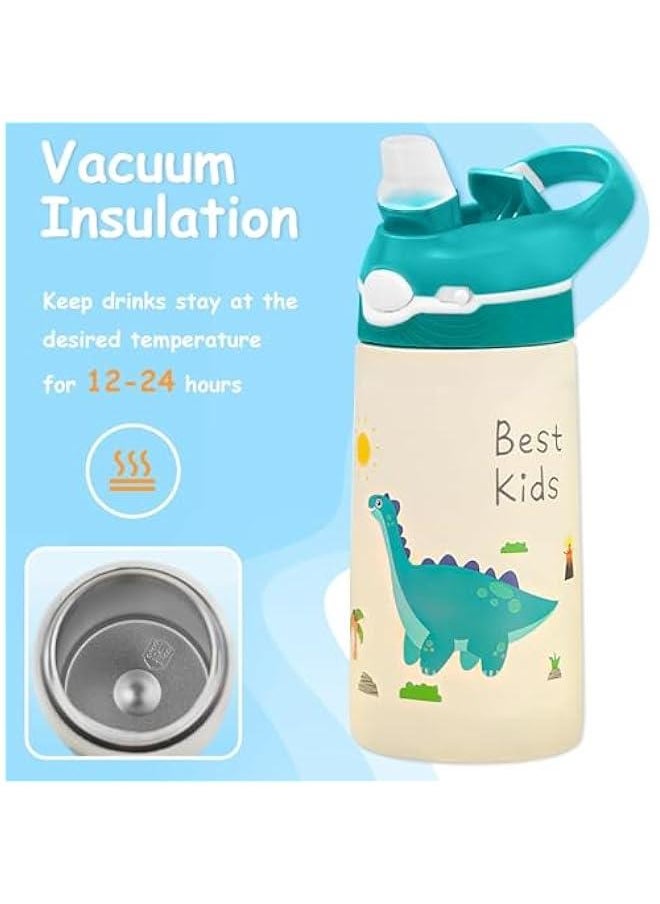 Kids Water Bottle with Straw Lid - Insulated Stainless Steel Water Bottle for Kids - Leak-proof kids insulated water bottle, 400ml, Dinosaur