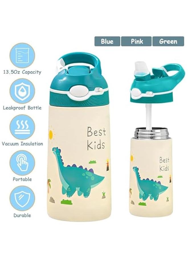 Kids Water Bottle with Straw Lid - Insulated Stainless Steel Water Bottle for Kids - Leak-proof kids insulated water bottle, 400ml, Dinosaur