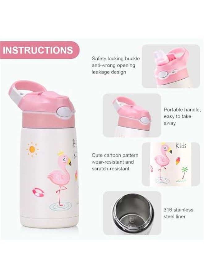 Kids Stainless Steel Water Bottles with Straw, 13.5 oz Insulated Water Bottle Double Wall Keep Hot Cold Drinks Thermos Toddler Bottle with Handle BPA-Free for School Boys Girls (Pink Flamingos)