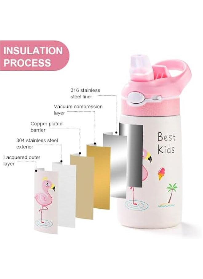 Kids Stainless Steel Water Bottles with Straw, 13.5 oz Insulated Water Bottle Double Wall Keep Hot Cold Drinks Thermos Toddler Bottle with Handle BPA-Free for School Boys Girls (Pink Flamingos)