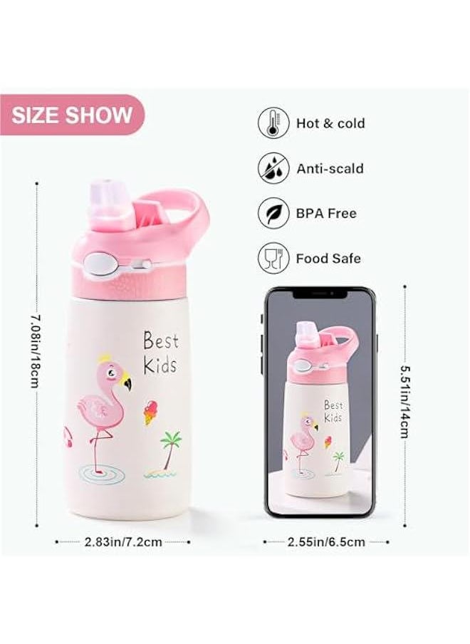 Kids Stainless Steel Water Bottles with Straw, 13.5 oz Insulated Water Bottle Double Wall Keep Hot Cold Drinks Thermos Toddler Bottle with Handle BPA-Free for School Boys Girls (Pink Flamingos)