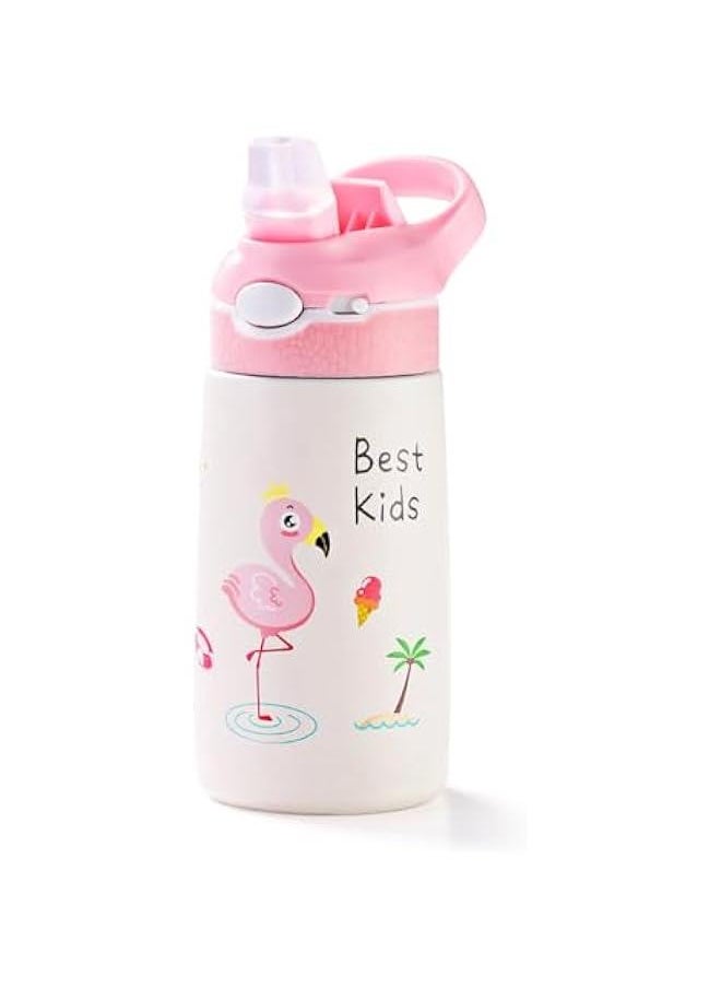Kids Stainless Steel Water Bottles with Straw, 13.5 oz Insulated Water Bottle Double Wall Keep Hot Cold Drinks Thermos Toddler Bottle with Handle BPA-Free for School Boys Girls (Pink Flamingos)