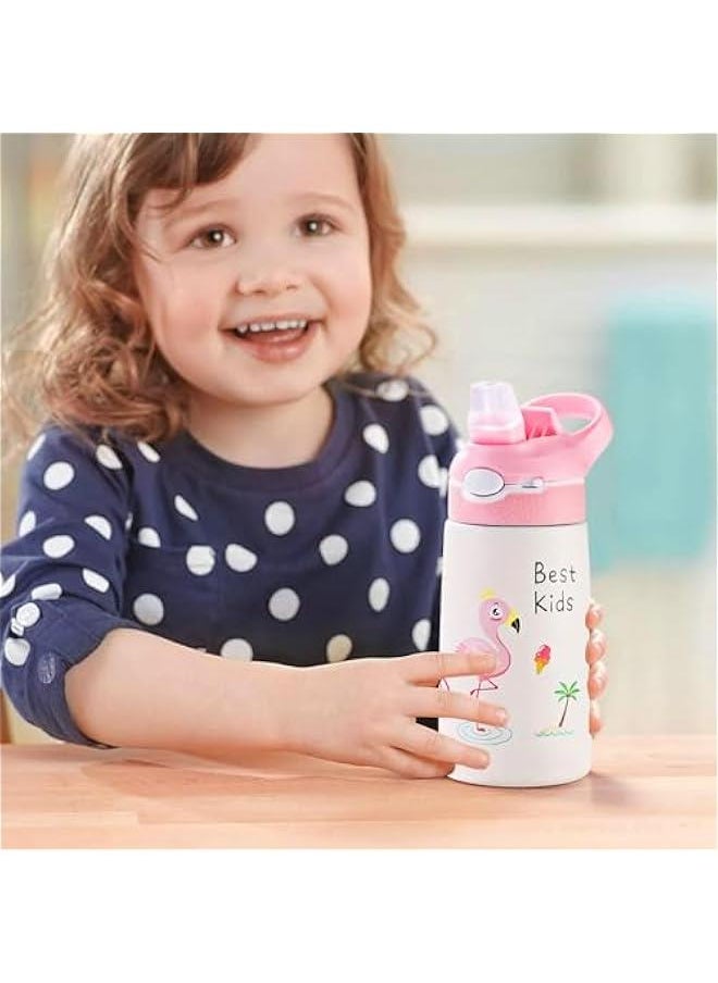 Kids Stainless Steel Water Bottles with Straw, 13.5 oz Insulated Water Bottle Double Wall Keep Hot Cold Drinks Thermos Toddler Bottle with Handle BPA-Free for School Boys Girls (Pink Flamingos)
