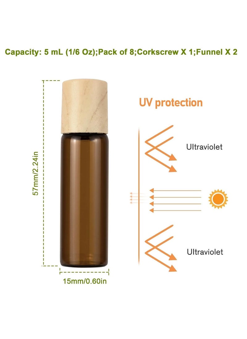 5ml Mini Essential Oils Roller Bottles for Oils, 8-Pack 0.16 oz Tiny Amber Glass Roll-on Bottles for Essential Oils, Empty Eye Rollerball Bottle with Roller Ball for Perfumes, Lip Balms and Travel