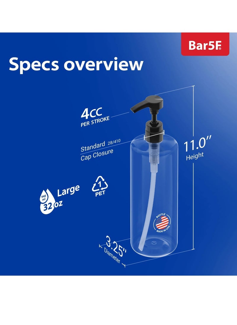 Bar5F Empty Shampoo Bottles with Pumps (2-Pack 32oz/1Liter/Large) BPA-Free PETE1 Plastic Bottle Crystal-Clear
