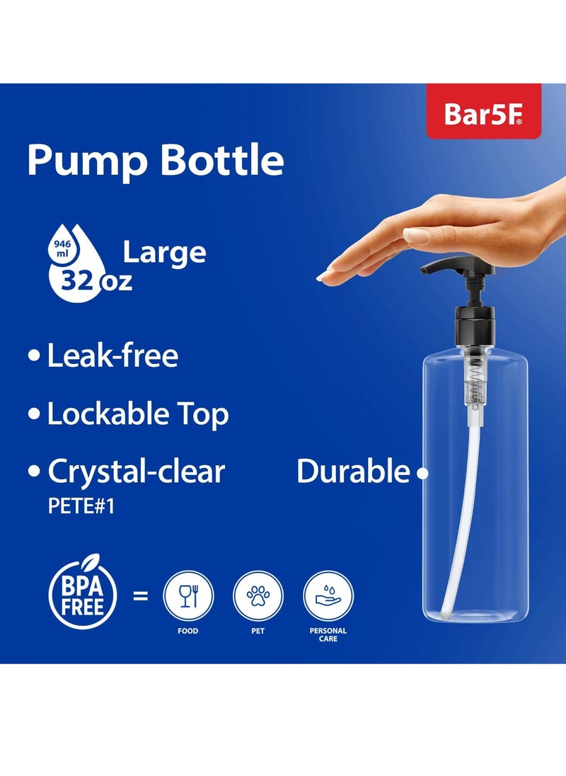 Bar5F Empty Shampoo Bottles with Pumps (2-Pack 32oz/1Liter/Large) BPA-Free PETE1 Plastic Bottle Crystal-Clear