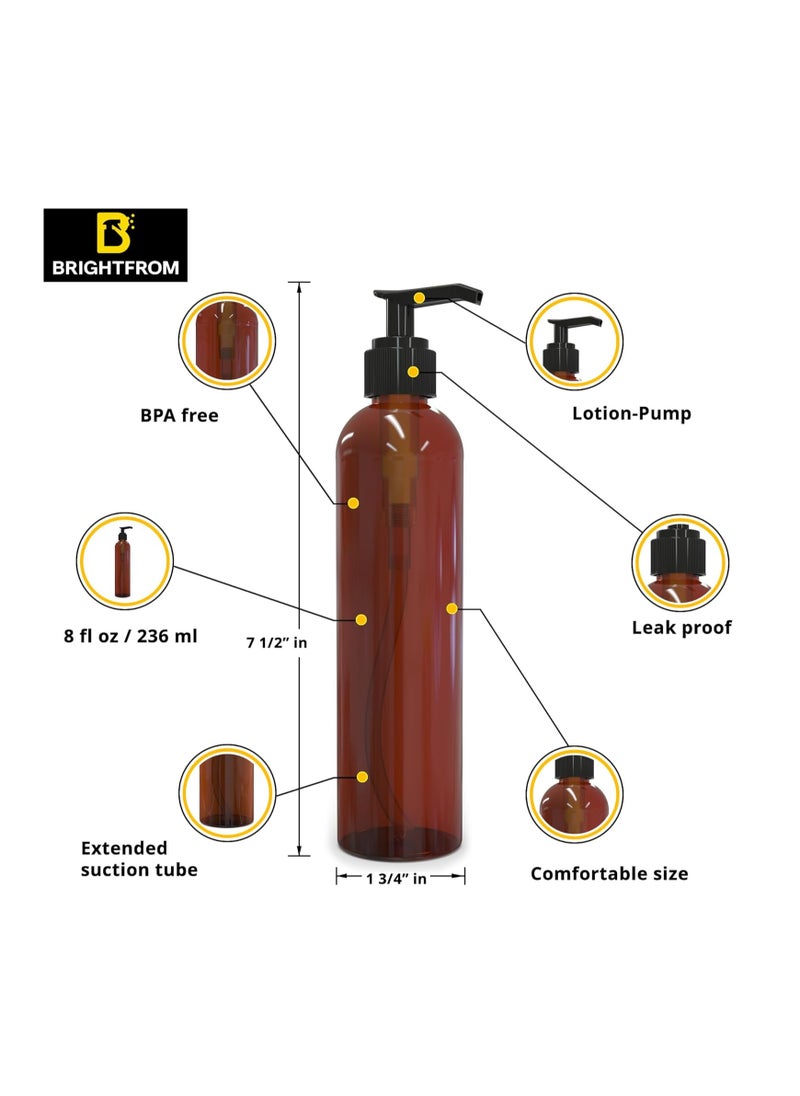 BRIGHTFROM Lotion Pump Bottles, Empty 8 OZ, BPA-Free Refillable Plastic Containers, Amber with Black Dispenser for - Soap, Shampoo, Lotions, Liquid Body Soap, Creams and Massage Oil (3 PACK)