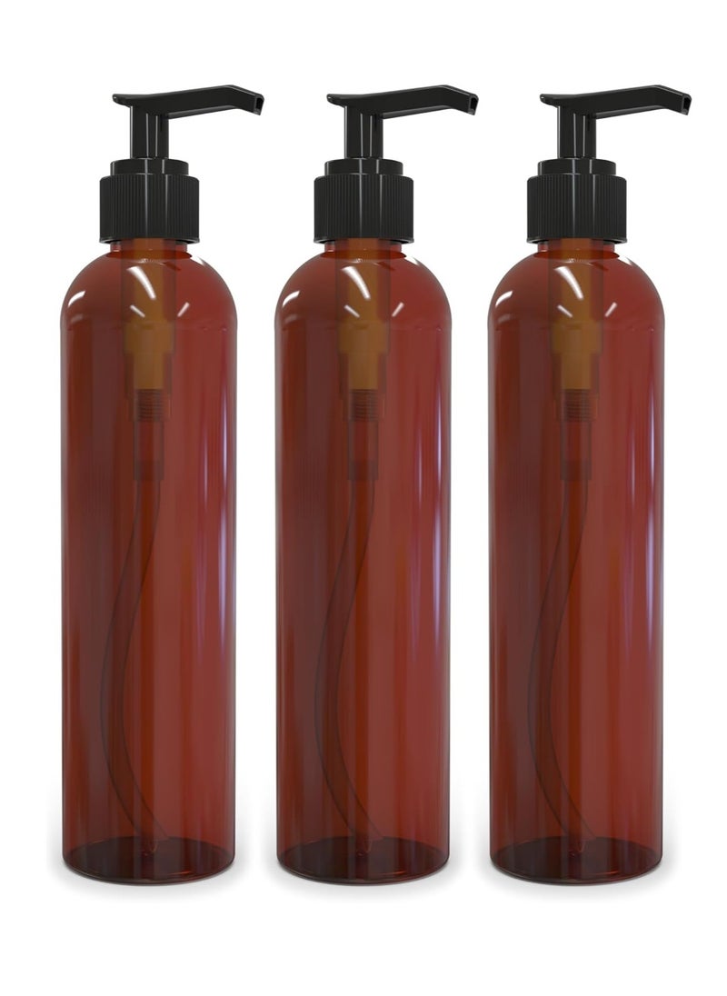 BRIGHTFROM Lotion Pump Bottles, Empty 8 OZ, BPA-Free Refillable Plastic Containers, Amber with Black Dispenser for - Soap, Shampoo, Lotions, Liquid Body Soap, Creams and Massage Oil (3 PACK)