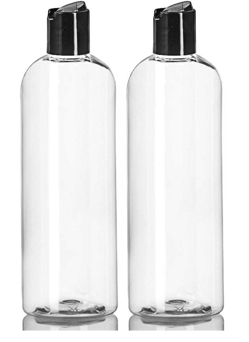 ljdeals 16 oz Clear Plastic Empty Bottles with Black Disc Top Caps, Squeezable Refillable Containers for Shampoo, Lotions, Cream and More Pack of 2, BPA Free, Made in USA